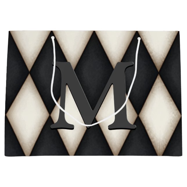 Black & White Harlequin Check Elegant 3-D Monogram Large Gift Bag (Front)