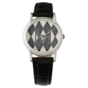 Black & White Harlequin Check Elegant 3-D Monogram Watch