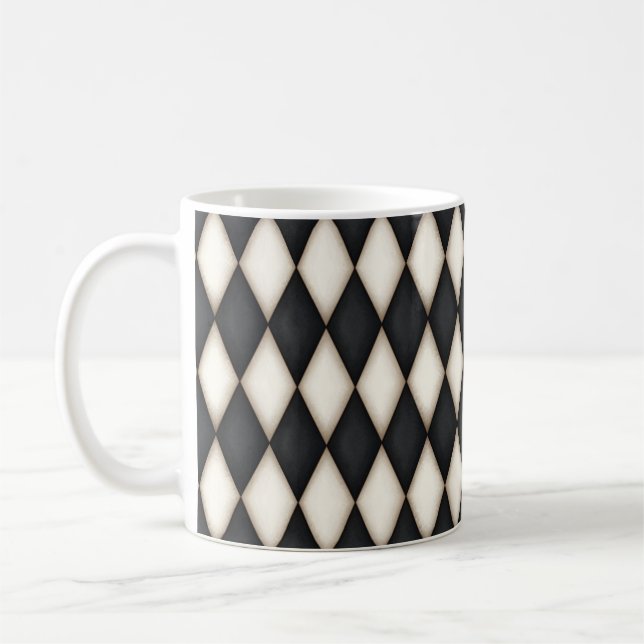 Black & White Harlequin Diamond Check Pattern Coffee Mug (Left)