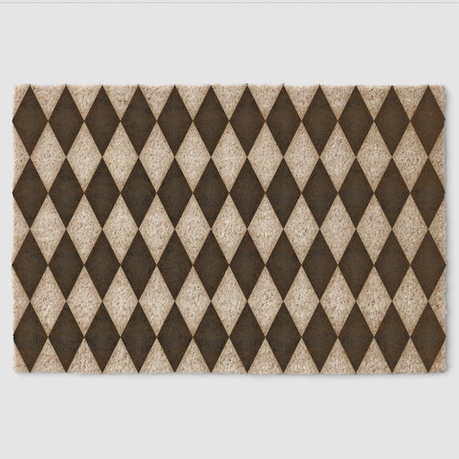 Black & White Harlequin Diamond Check Pattern Fun Fiber Doormat (Front)