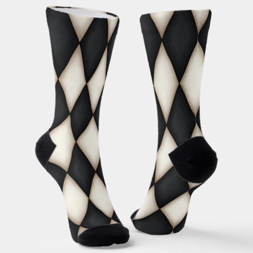 Black  White Harlequin Diamond Check Pattern Fun Socks