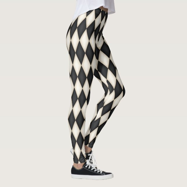 Black & White Harlequin Diamond Check Pattern  Leggings (Right)