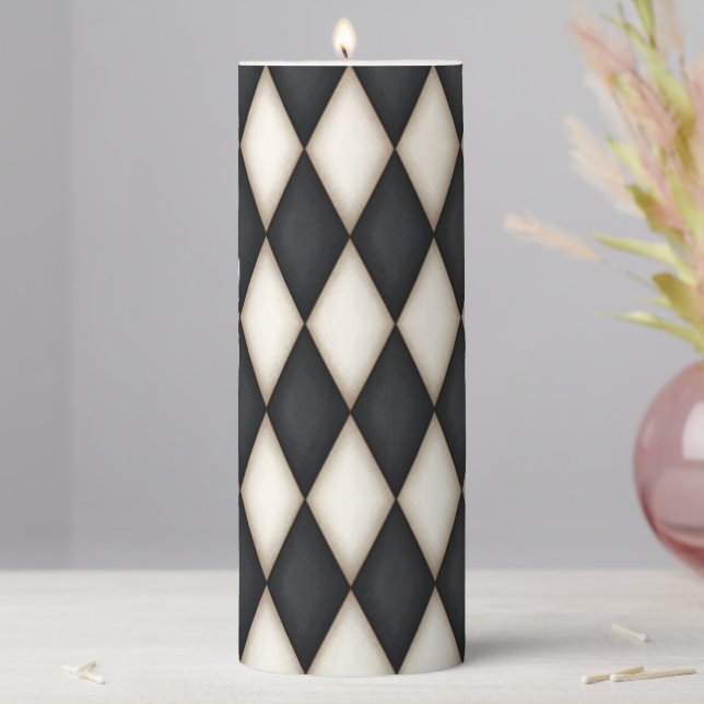 Black & White Harlequin Diamond Check Pillar Candle (In Situ)