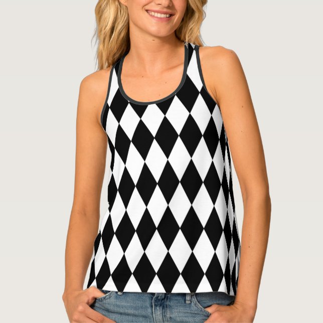 Black White Harlequin Diamonds Pattern Design  Tank Top (Front)