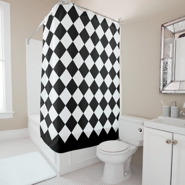 Black & White Harlequin Diamonds Shower Curtain (In Situ)