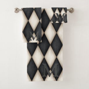 Black & White Harlequin Dramatic 3-D Monogram Bath Towel Set