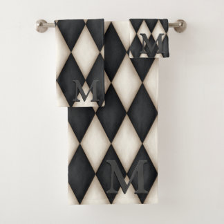 Black & White Harlequin Dramatic 3-D Monogram Bath Towel Set