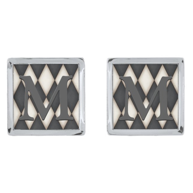 Black & White Harlequin Dramatic 3-D Monogram Cufflinks (Front)