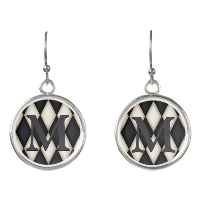 Black & White Harlequin Dramatic 3-D Monogram Earrings (Front)