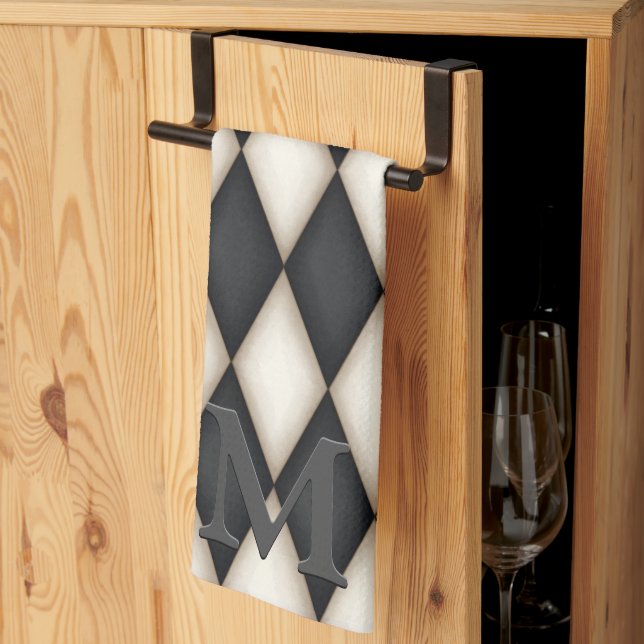 Black & White Harlequin Dramatic 3-D Monogram  Kitchen Towel (Thirds Fold)
