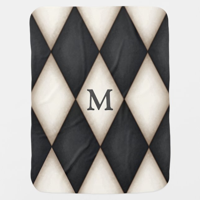 Black & White Harlequin Dramatic Custom Monogram Baby Blanket (Front)