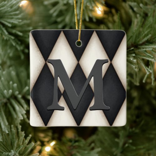 Black  White Harlequin Dramatic Custom Monogram Ceramic Ornament