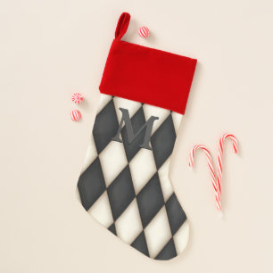 Black & White Harlequin Dramatic Custom Monogram Christmas Stocking