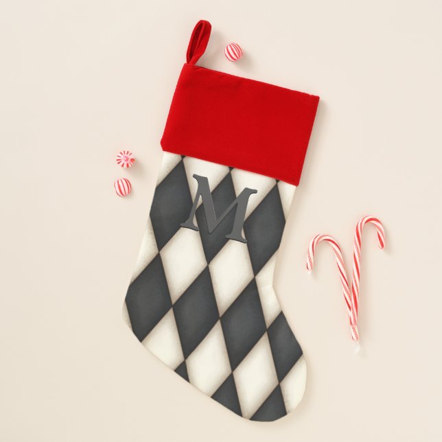 Black & White Harlequin Dramatic Custom Monogram Christmas Stocking (Front)