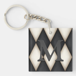 Black & White Harlequin Dramatic Custom Monogram Keychain