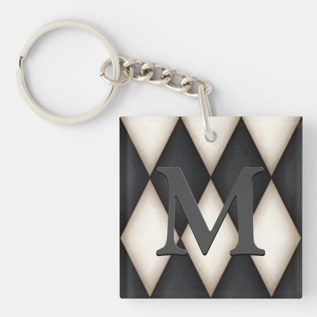 Black & White Harlequin Dramatic Custom Monogram Keychain (Front)