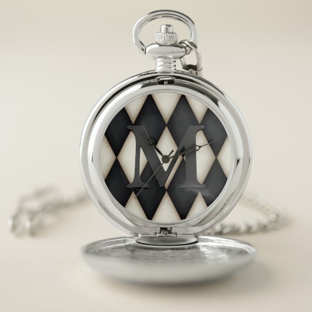 Black & White Harlequin Dramatic Custom Monogram Pocket Watch (Inside)