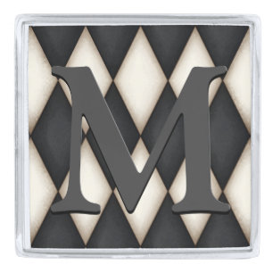 Black & White Harlequin Dramatic Custom Monogram Silver Finish Lapel Pin