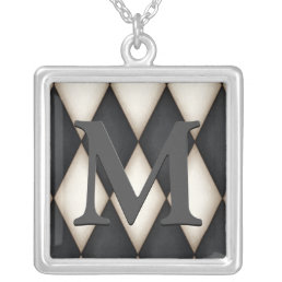 Black &amp; White Harlequin Dramatic Custom Monogram Silver Plated Necklace