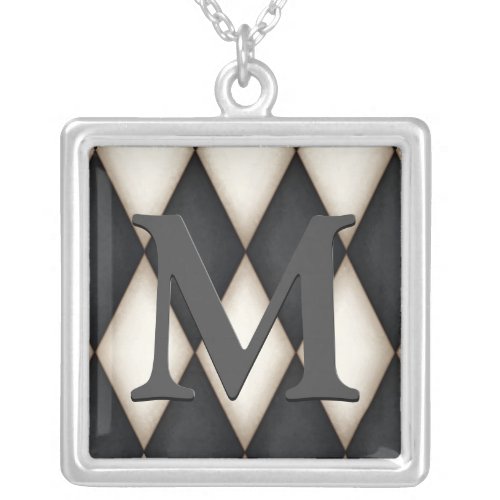 Black  White Harlequin Dramatic Custom Monogram Silver Plated Necklace