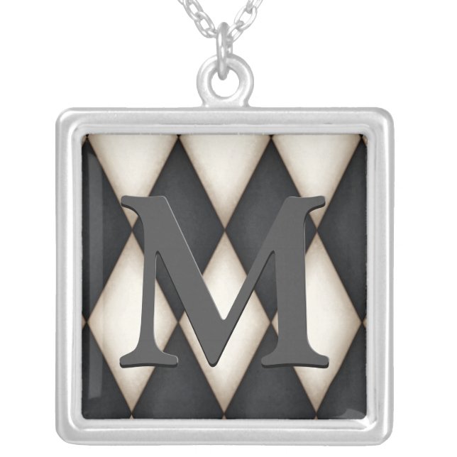 Black & White Harlequin Dramatic Custom Monogram Silver Plated Necklace (Front)
