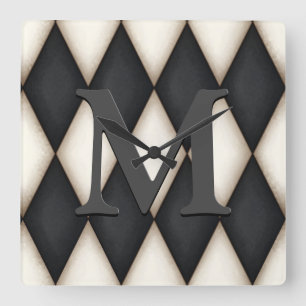 Black & White Harlequin Dramatic Custom Monogram Square Wall Clock