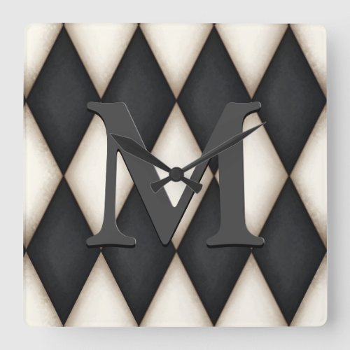 Black  White Harlequin Dramatic Custom Monogram Square Wall Clock