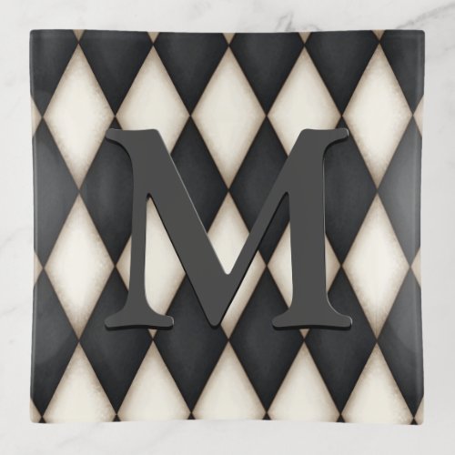 Black  White Harlequin Dramatic Custom Monogram Trinket Tray