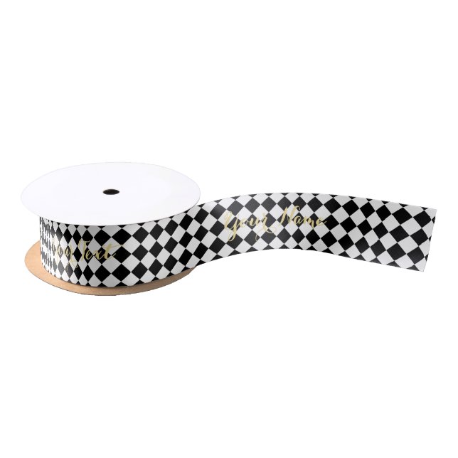 Black White Harlequin Pattern Custom Elegant Text Satin Ribbon (Spool)