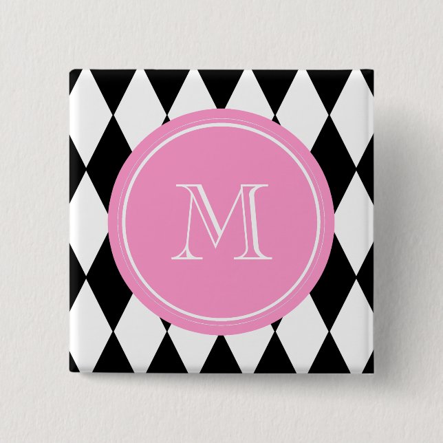 Black White Harlequin Pattern, Pink Monogram Button (Front)