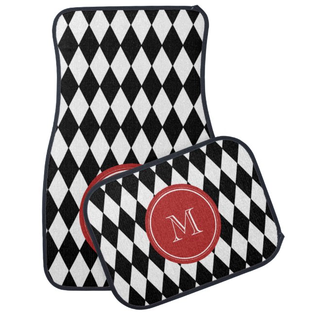 Black White Harlequin Pattern, Red Monogram Car Mat (Set)