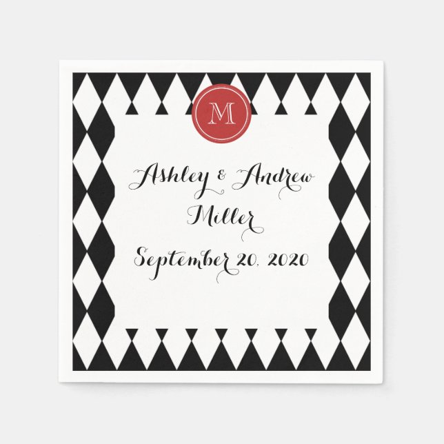 Black White Harlequin Pattern, Red Monogram Napkins (Front)