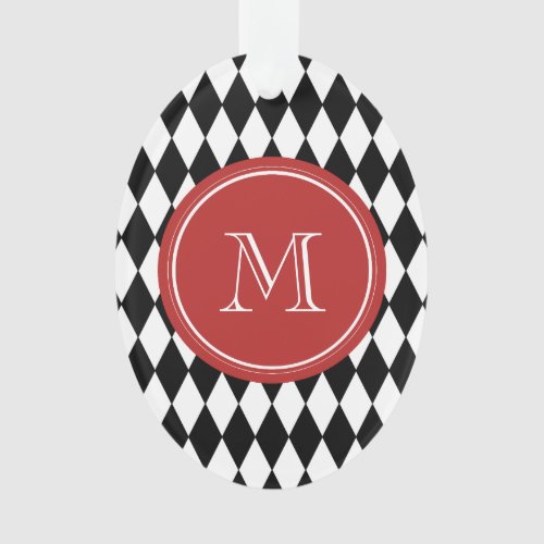 Black White Harlequin Pattern Red Monogram Ornament