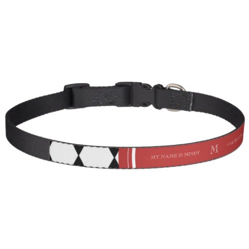 Black White Harlequin Pattern Red Monogram Pet Collar