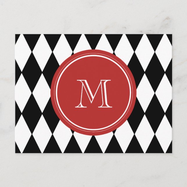 Black White Harlequin Pattern, Red Monogram Postcard (Front)