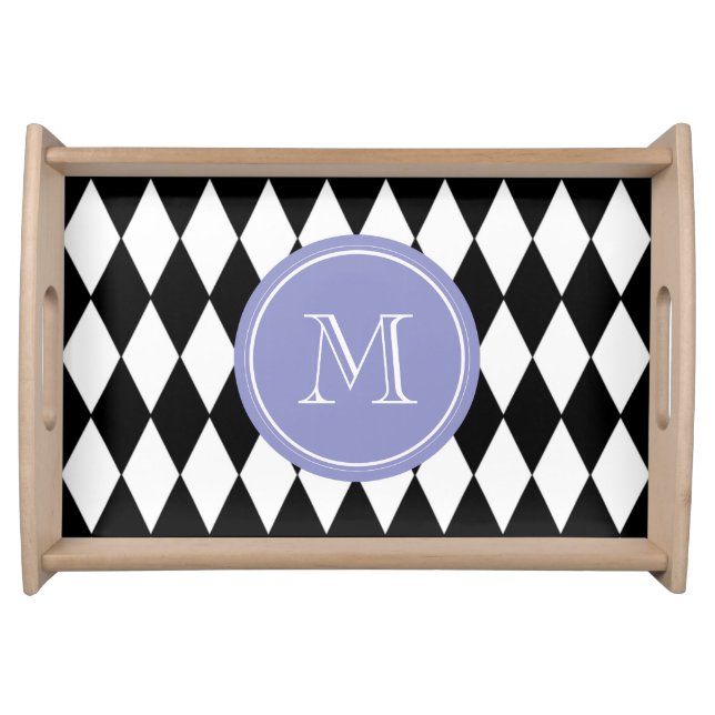 Black White Harlequin Pattern, Violet Monogram Serving Tray (Front)