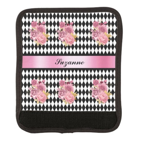 Black White Harlequin Pattern with Roses and Name Luggage Handle Wrap