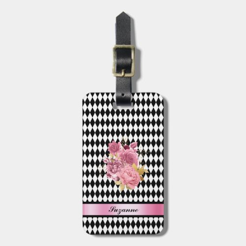Black White Harlequin Pattern with Roses and Name Luggage Tag