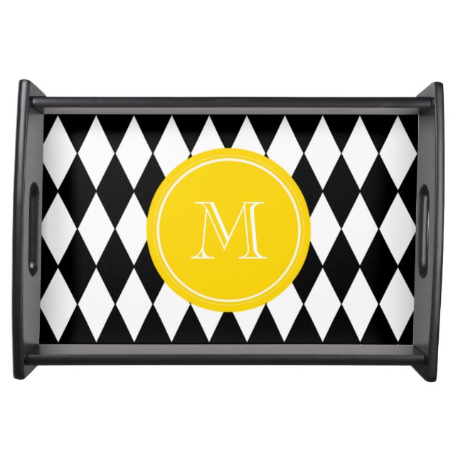 Black White Harlequin Pattern, Yellow Monogram Serving Tray (Front)