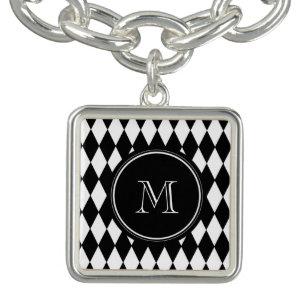 Black White Harlequin Pattern, Your Initial Bracelet