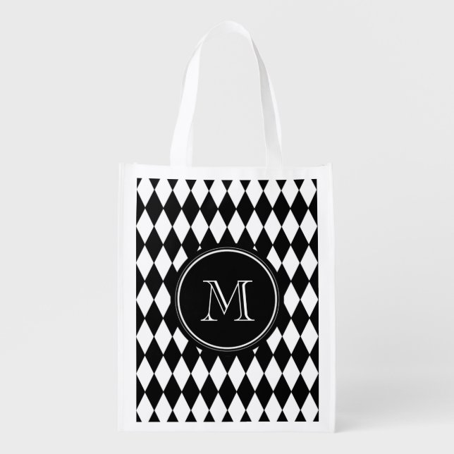 Black White Harlequin Pattern, Your Initial Reusable Grocery Bag (Front)
