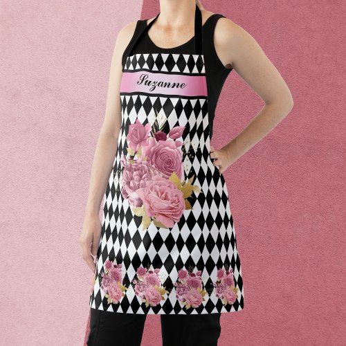 Black White Harlequin with Pink Flower and Name Apron