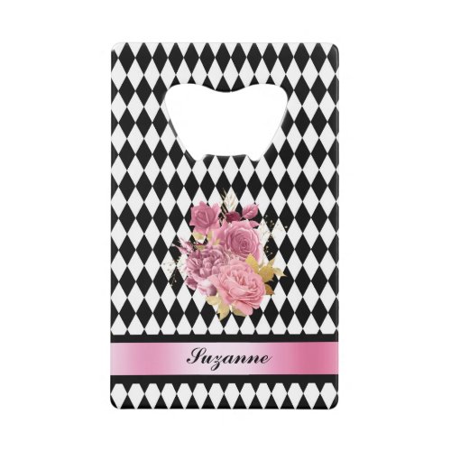 Black White Harlequin with Pink Flower and Name Credit Card Bottle Opener