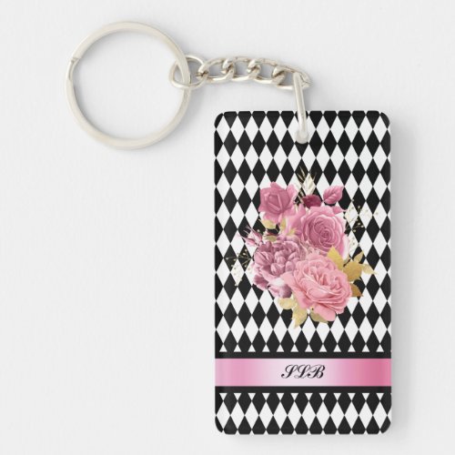 Black White Harlequin with Pink Flower and Name Keychain