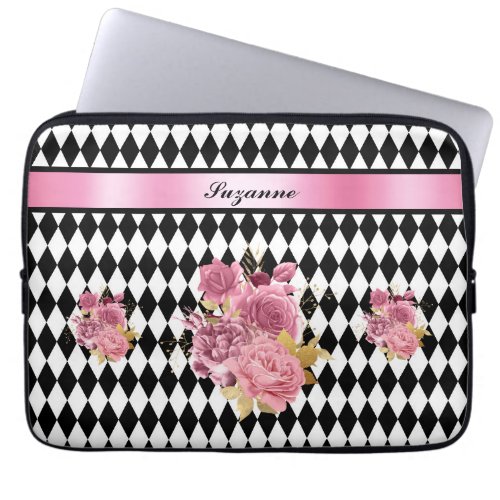 Black White Harlequin with Pink Flower and Name Laptop Sleeve