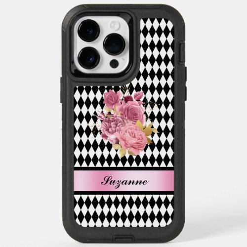 Black White Harlequin with Pink Flower and Name OtterBox iPhone 14 Pro Max Case