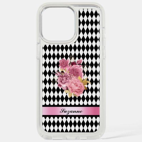 Black White Harlequin with Pink Flower and Name iPhone 15 Pro Max Case