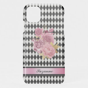Black White Harlequin with Pink Flower and Name iPhone 11 Case