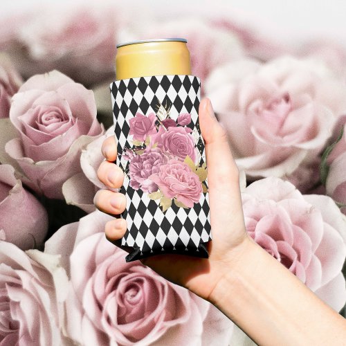 Black White Harlequin with Pink Flowers Can Cooler