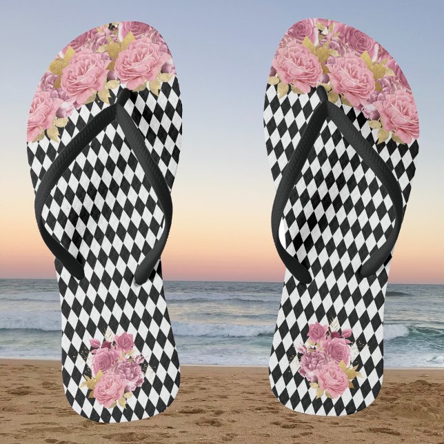 Black White Harlequin with Pink Flowers Flip Flops (Creator Uploaded)